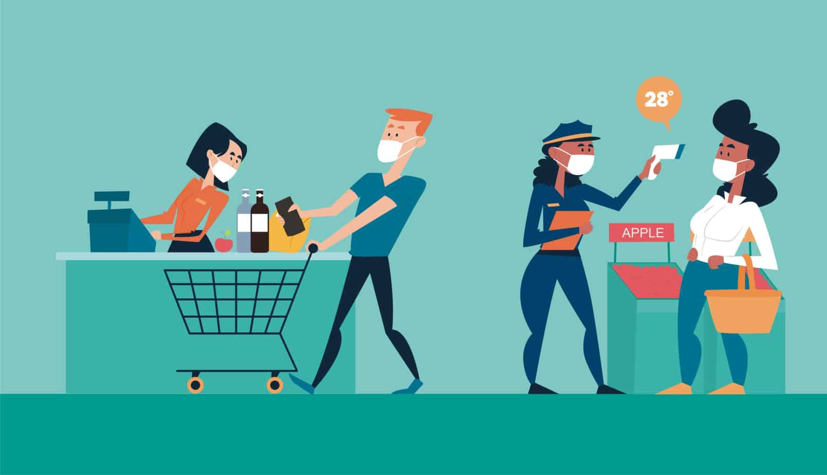 illustration of customers in face masks with social distancing on a grocery store covid 19 concept 214049289 illustration of customers in face masks with social distancing on a grocery store covid 19 concept 214049289