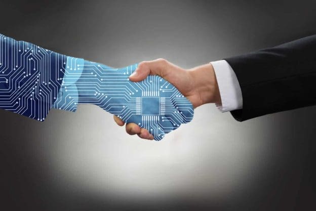 digital generated human hand and business man shaking hands 124517386