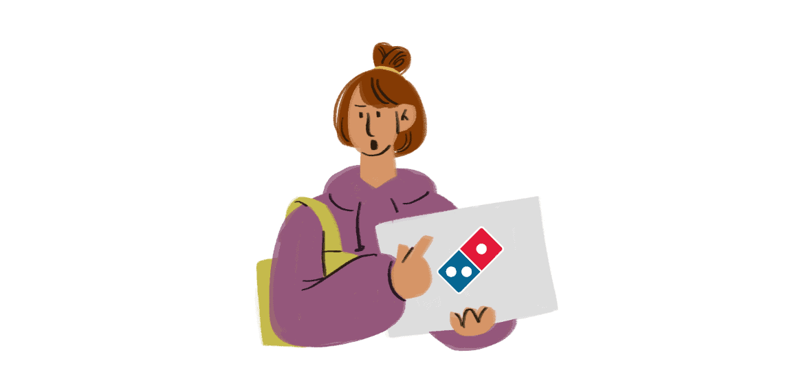 Pizza delivery person holding a Domino's sign.