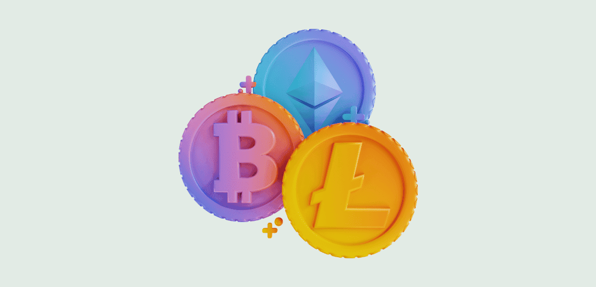 Cryptocurrency coins representing Bitcoin, Ethereum, and Litecoin for digital payment solutions.
