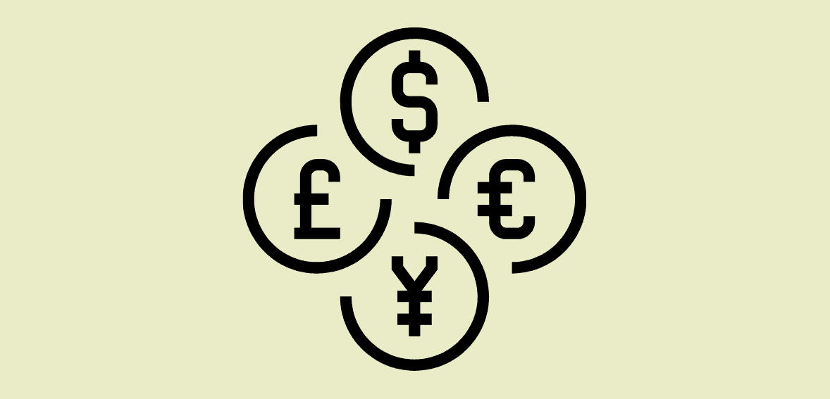 Multiple currency symbols representing international payment processing and currency exchange.