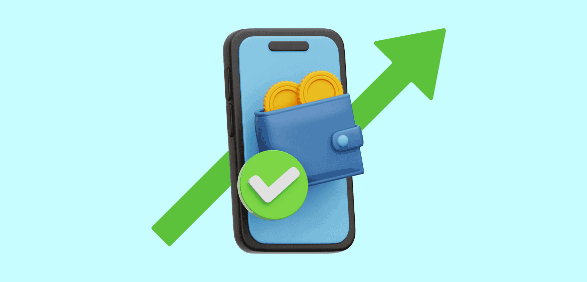 Mobile payment wallet with coins and green arrow representing payment growth.