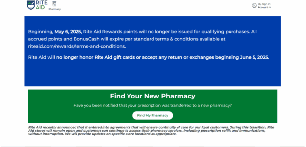 Rite Aid rewards program update, no longer issuing Points or BonusCash.