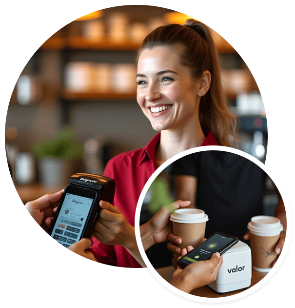 Customer using mobile payment terminal at coffee shop for seamless payment processing.