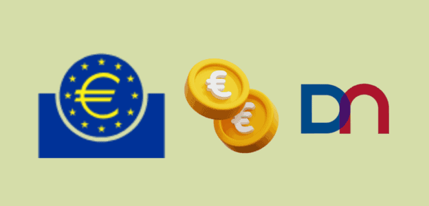 European Union euro coin, digital euro icon, and Host Merchant Services logo for payment solutions.