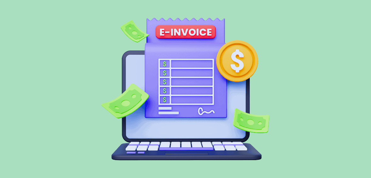 E-invoice on digital device with cash and dollar coins representing online payment processing.