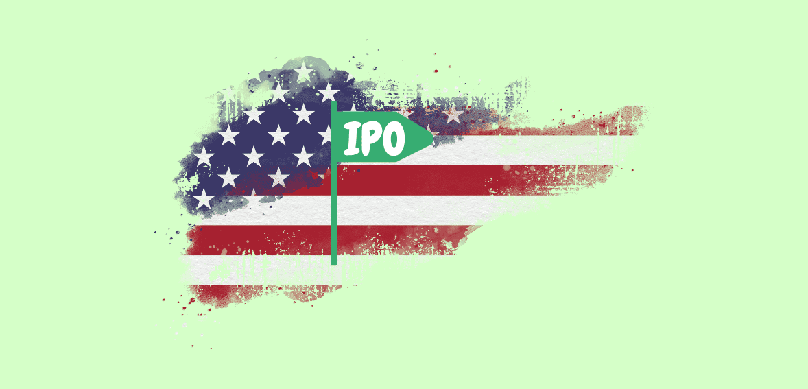 IPO process illustration with American flag background and green IPO sign, symbolizing U.S. stock market offerings.