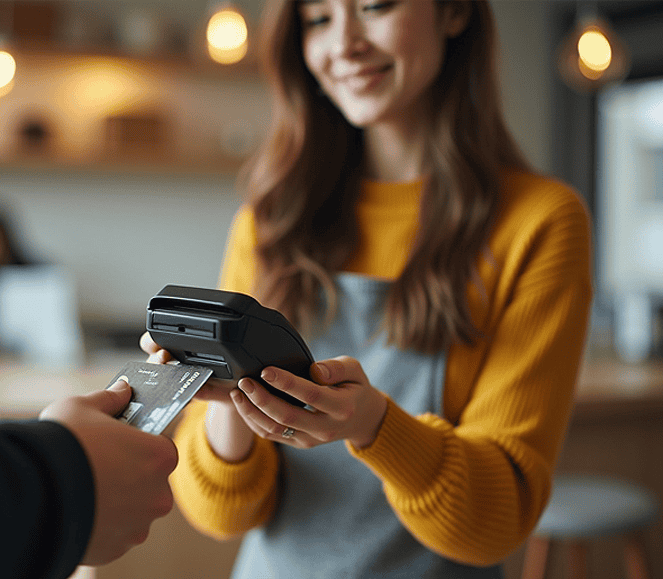 Contactless payment processing with Host Merchant Services at a modern cafe.