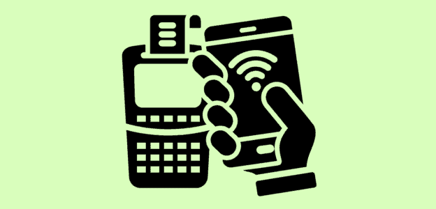 Contactless payment technology with mobile device and credit card illustration.
