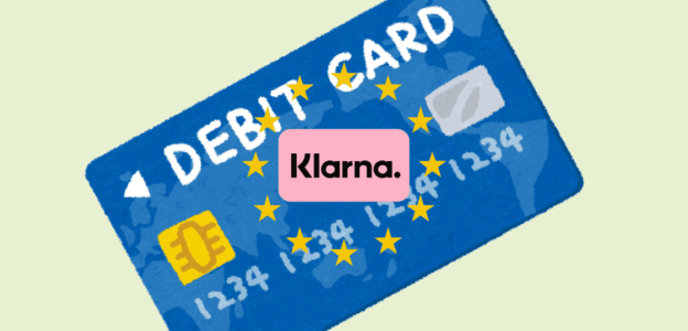 Contactless DEBIT CARD with Klarna logo, Euro symbol, and stars, promoting secure payment options.