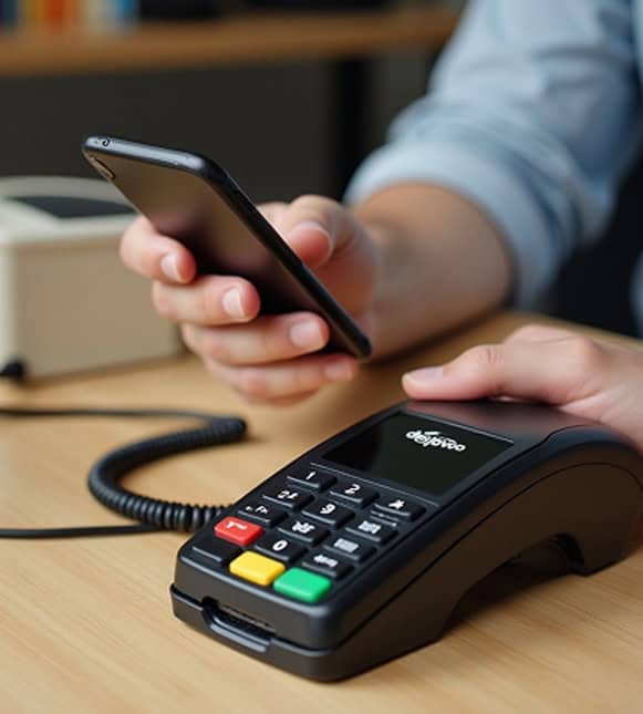 Contactless payment terminal with smartphone for easy credit card processing.