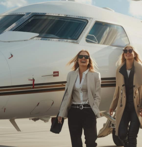 Luxury businesswomen arriving at private jet, emphasizing premium merchant services and payment solutions.
