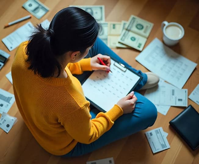 Unwoman with dark hair in yellow sweater reviewing financial documents with credit card payments around.