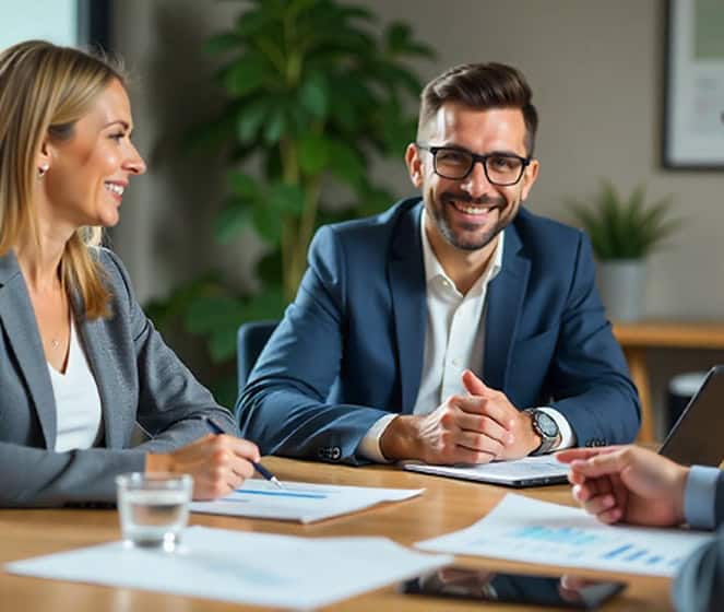 Professional business meeting discussing payment solutions and merchant services.