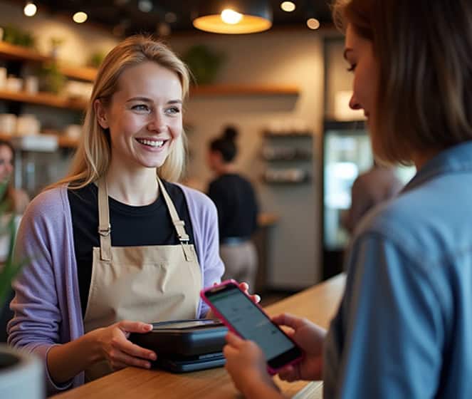 Friendly waitress receiving digital payment at a cafe in a vibrant local restaurant.