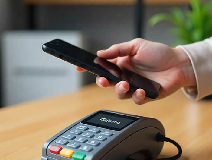 Mobile payment processing with contactless card terminal at small business.