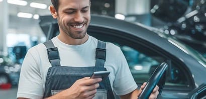 Mobile payment processing device used by a smiling worker in a car dealership.