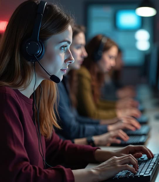 Customer support team working at call center with headsets for payment processing solutions.