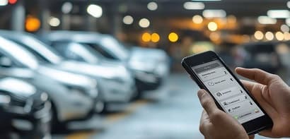 Mobile payment app on smartphone at car dealership, digital payment solution.