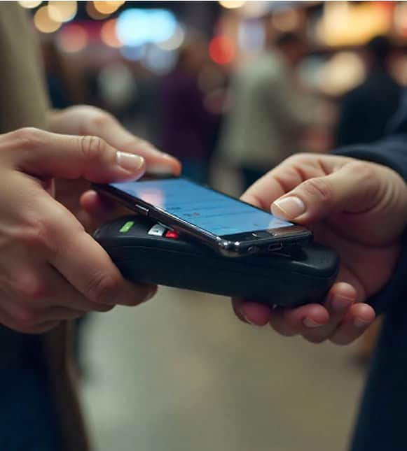 Contactless payment transaction with mobile phone and card reader at a busy retail location.