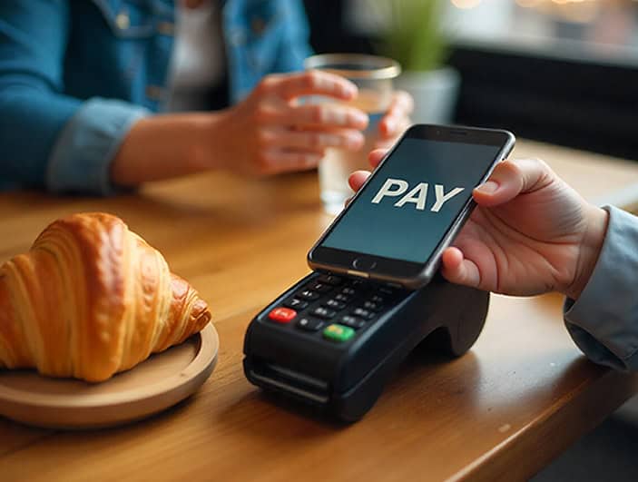 Contactless payment with mobile phone at cafe.