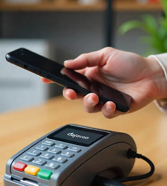 Mobile payment processing using a smartphone and card reader at a retail checkout.