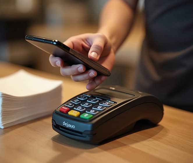 Contactless payment with mobile phone at POS terminal, digital payment technology, business transactions.