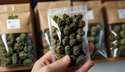 Hand holding a bag of dried hops with shelves of similar products in the background.