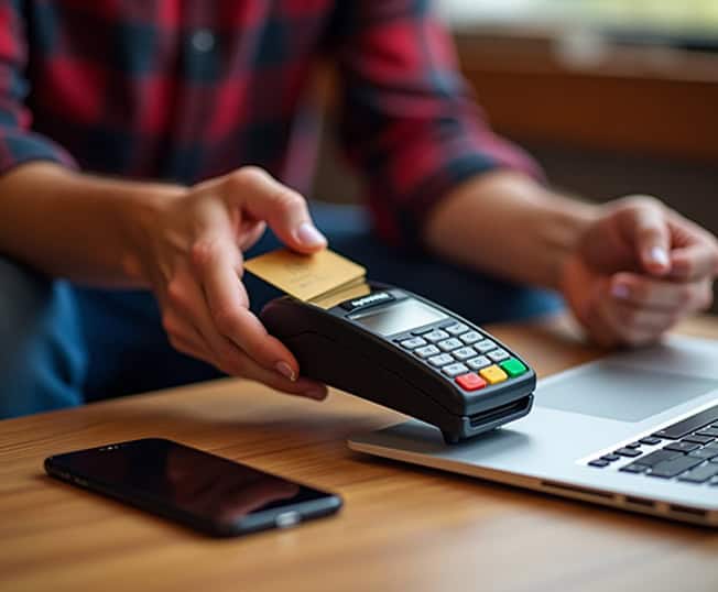 Contactless payment terminal for merchant services and credit card processing.