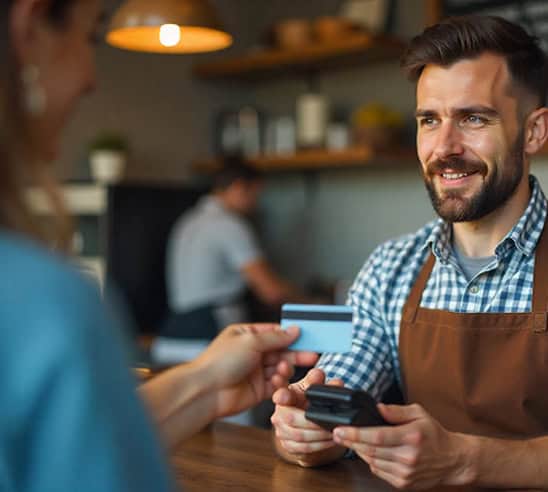 Contactless payment transaction at a coffee shop, merchant accepting credit card payment, small business payment solutions.