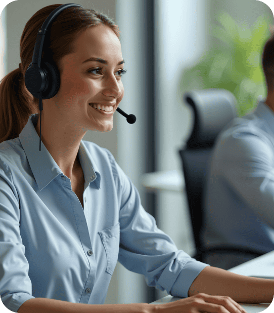 Customer service representative with headset providing payment processing support at Host Merchant Services.