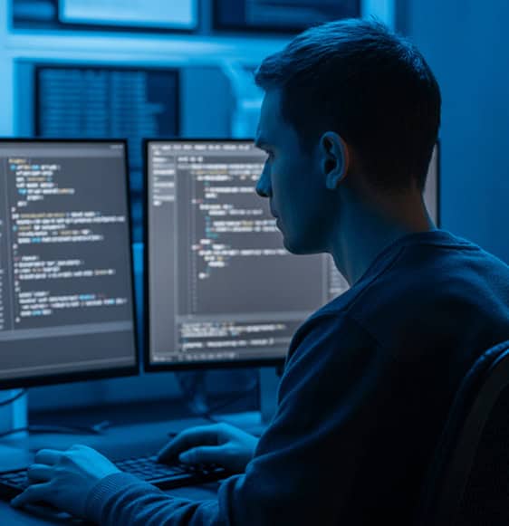 Innovative software developer working on multiple code screens for payment processing solutions.