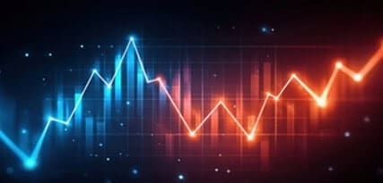 High-tech financial growth graph showing upward and downward trends for merchant services.