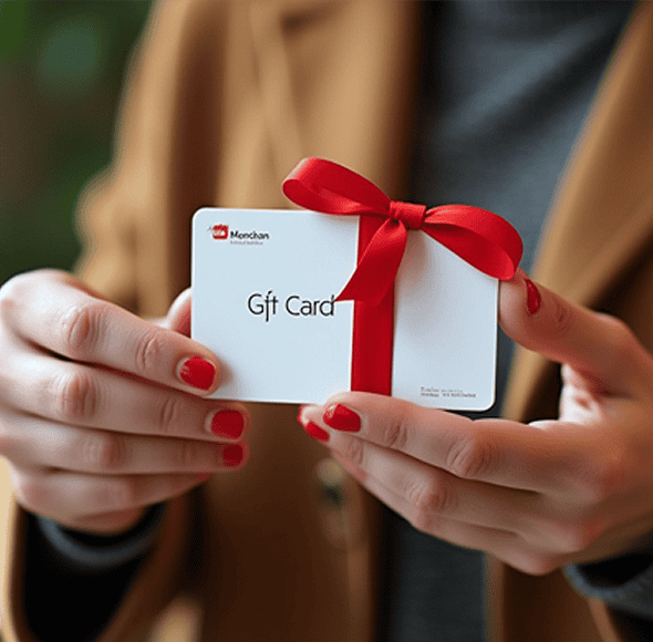 Gift card holder with red ribbon for easy gifting and payment processing.