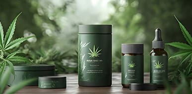Premium CBD products packaging with cannabis leaf design for health and wellness.