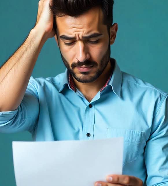 Confused man reviewing payment processing issues with Host Merchant Services.