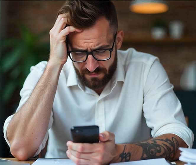 Frustrated man with smartphone, stress, payment issues, credit card problems, payment processing.