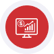 Red credit card processor icon with chart and dollar sign.