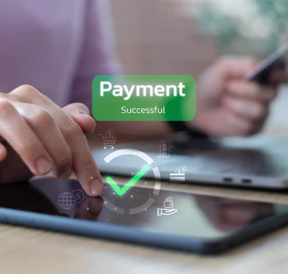 Online payment success with mobile device and digital transaction icons, reliable merchant services for businesses.