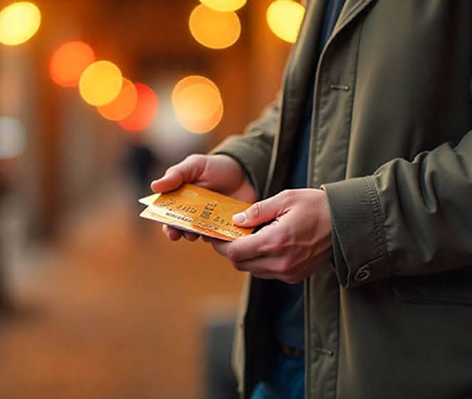 Contactless payment using credit card at night.