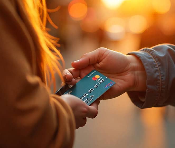 Contactless credit card payment transaction outdoors at sunset.