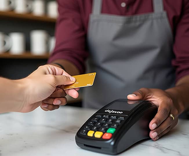 Contactless payment with card and POS terminal at a retail store.