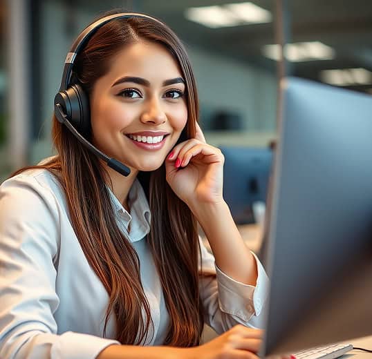 Responsive customer support representative with headset at call center for merchant services solutions.