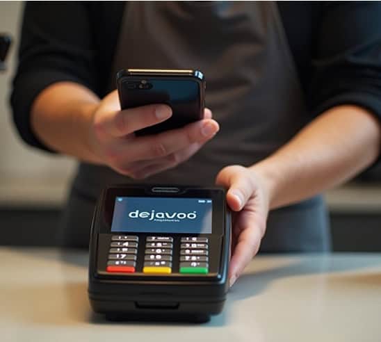 Contactless payment terminal with mobile device at Host Merchant Services for seamless transactions.