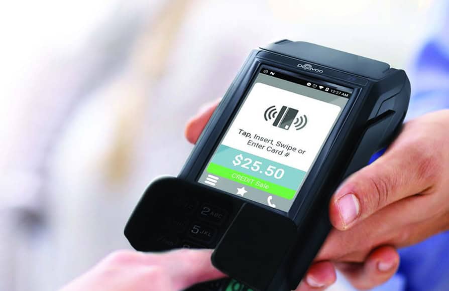 Contactless credit card payment terminal for retail and business transactions.