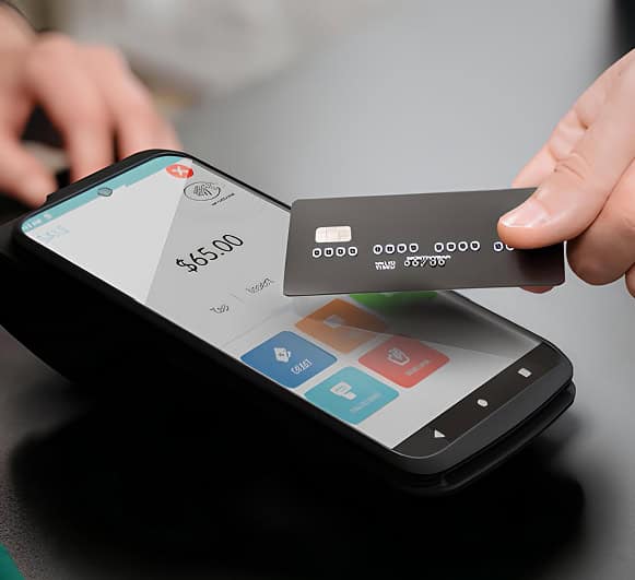 Contactless payment transaction on smartphone with credit card for secure sales processing.