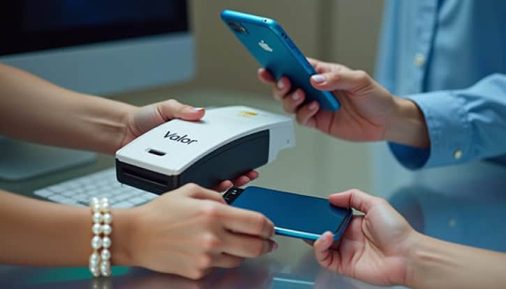 Contactless payment terminal with mobile card reader and smartphone transaction.