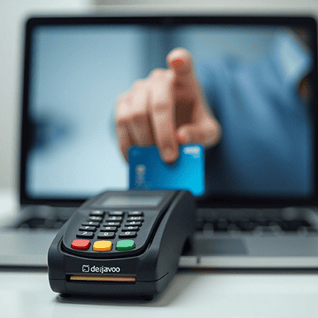 Contactless payment by card on laptop for merchant services.