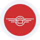 Red circular logo with a white abstract payment symbol design.