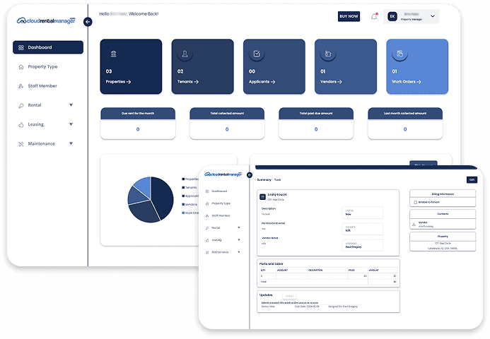 Online property management software dashboard and tenant management interface for property managers.
